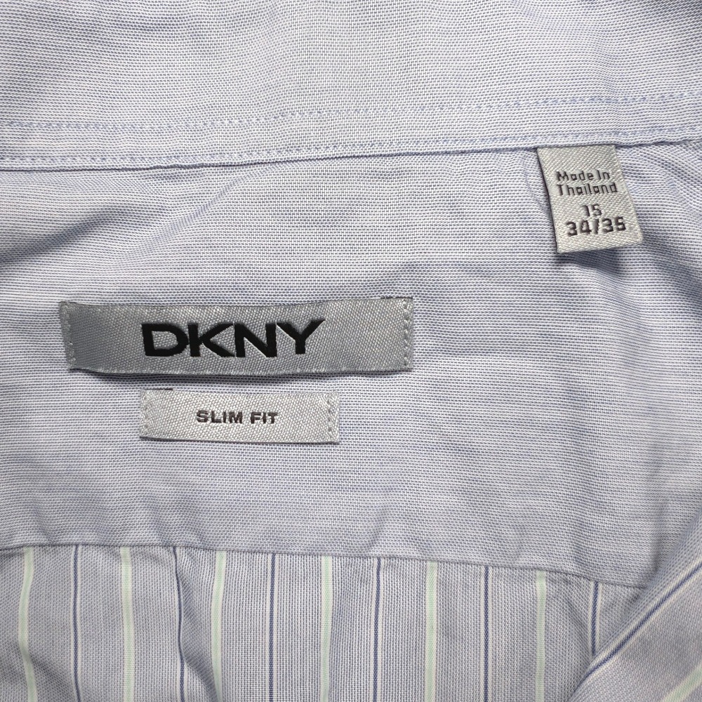 DKNY Mens Slim Fit Striped Dress Shirt Blue Green White Striped 15‎ 34/35 Cotton - Picture 4 of 8